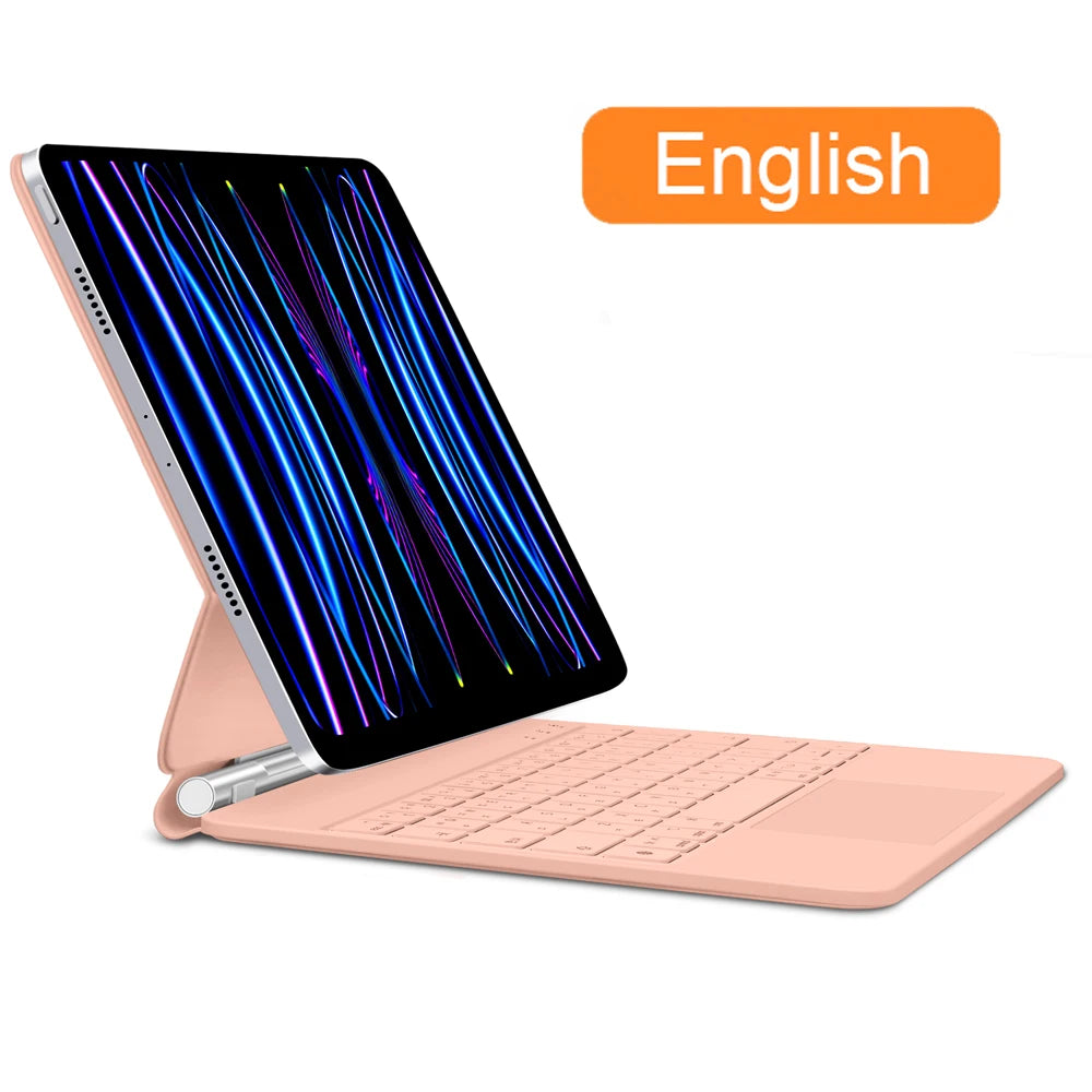 iPad keyboard case with trackpad en rose, idéale pour améliorer votre productivité et confort.