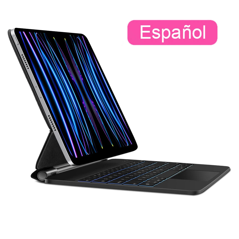 iPad keyboard case with trackpad en rose, idéale pour améliorer votre productivité et confort.
