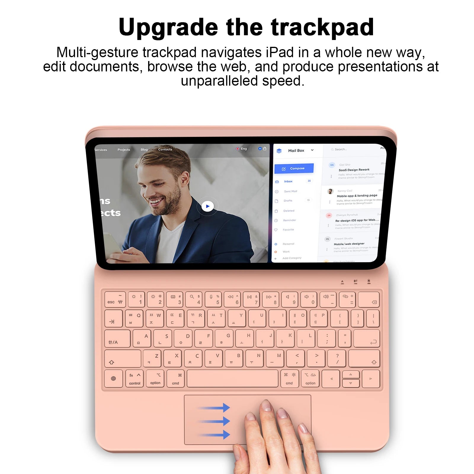 iPad keyboard case with trackpad montrant un utilisateur naviguant avec un trackpad amélioré.